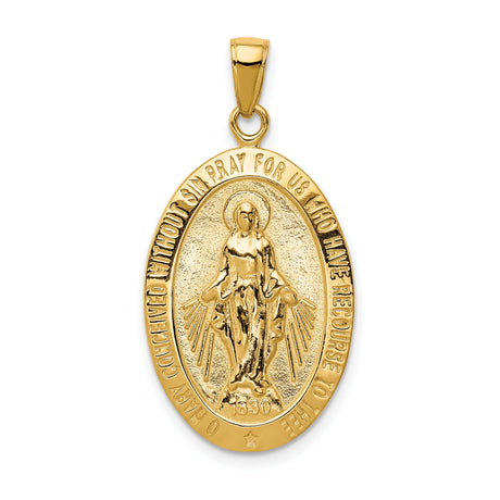 Miraculous Medal Our Lady of Graces with Words Oval Charm Pendant in Real 14k Yellow Gold