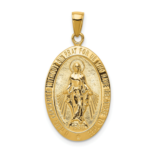 Miraculous Medal Our Lady of Graces with Words Oval Charm Pendant in Real 14k Yellow Gold