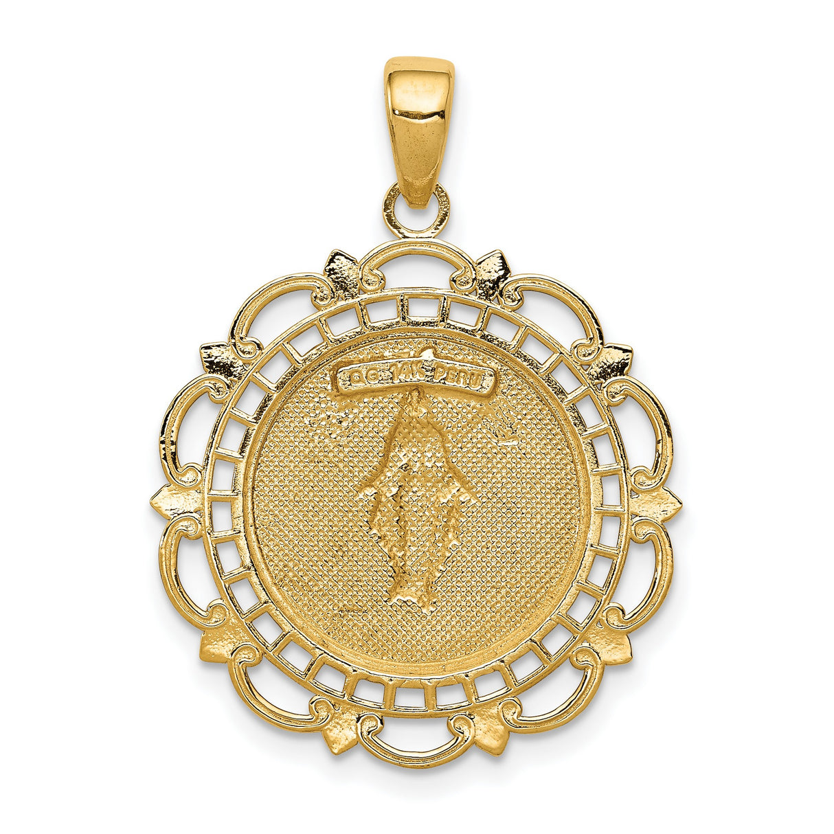 Miraculous Medal Our Lady of Graces with Ornate Border Charm Pendant in Real 14k Yellow Gold