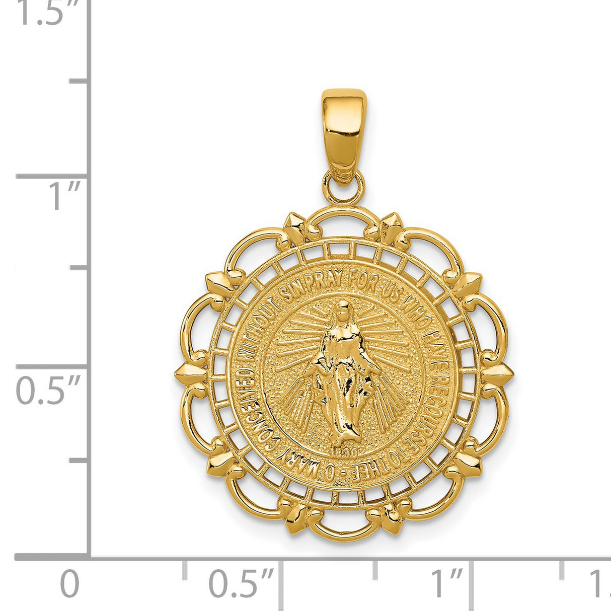 Miraculous Medal Our Lady of Graces with Ornate Border Charm Pendant in Real 14k Yellow Gold