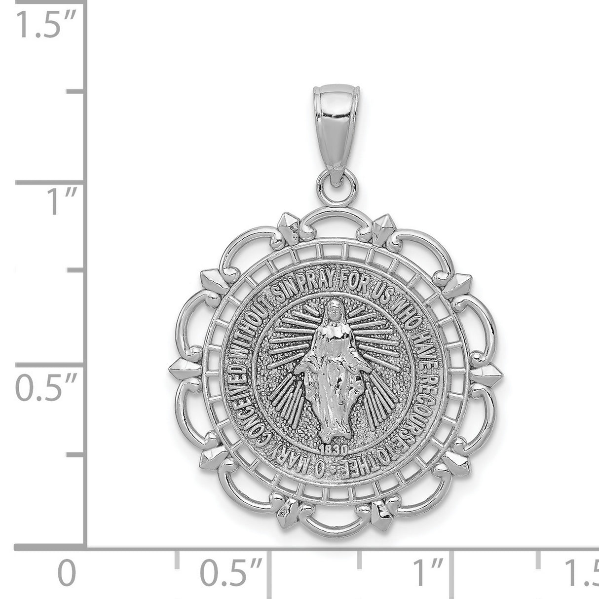 14k White Gold Miraculous Medal Pendant with Virgin Mary and Religious Inscription