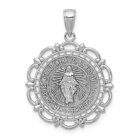 14k White Gold Virgin Mary Pendant with Miraculous Medal Design, Catholic Religious Jewelry for Women