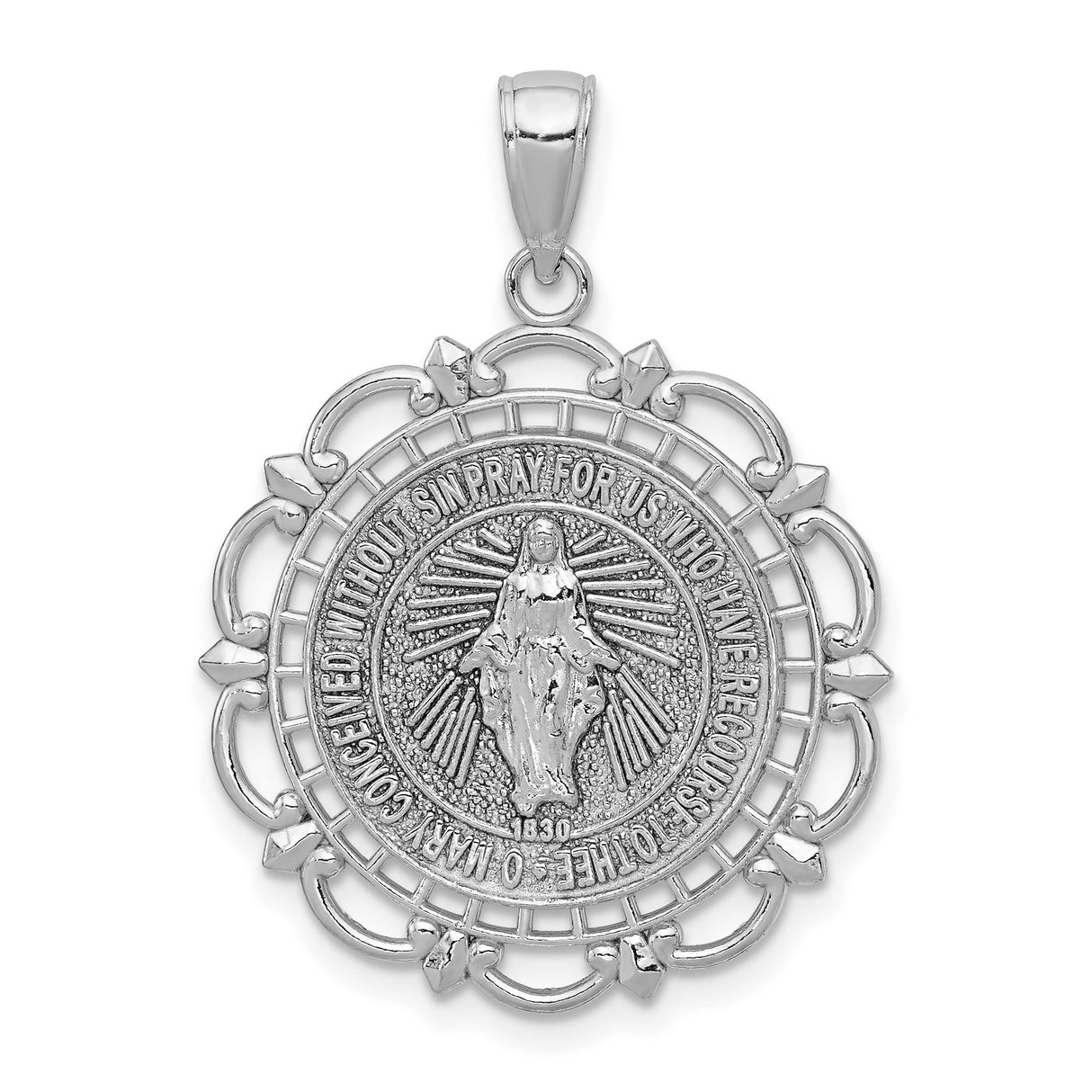 14k White Gold Miraculous Medal Pendant with Virgin Mary and Religious Inscription