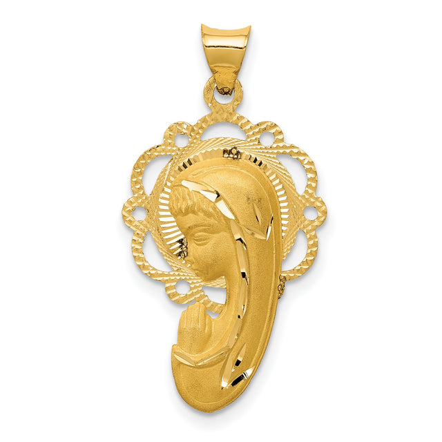 Satin Virgin Mary Praying Figurine Charm Pendant in Real 14k Yellow Gold