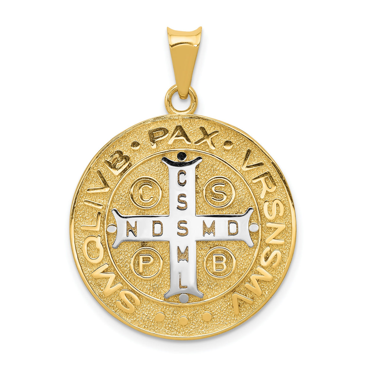 Saint Benedict and Words Round Medal Charm Pendant in Real 14k Multi-Tone Gold