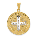 Saint Benedict and Words Round Medal Charm Pendant in Real 14k Multi-Tone Gold