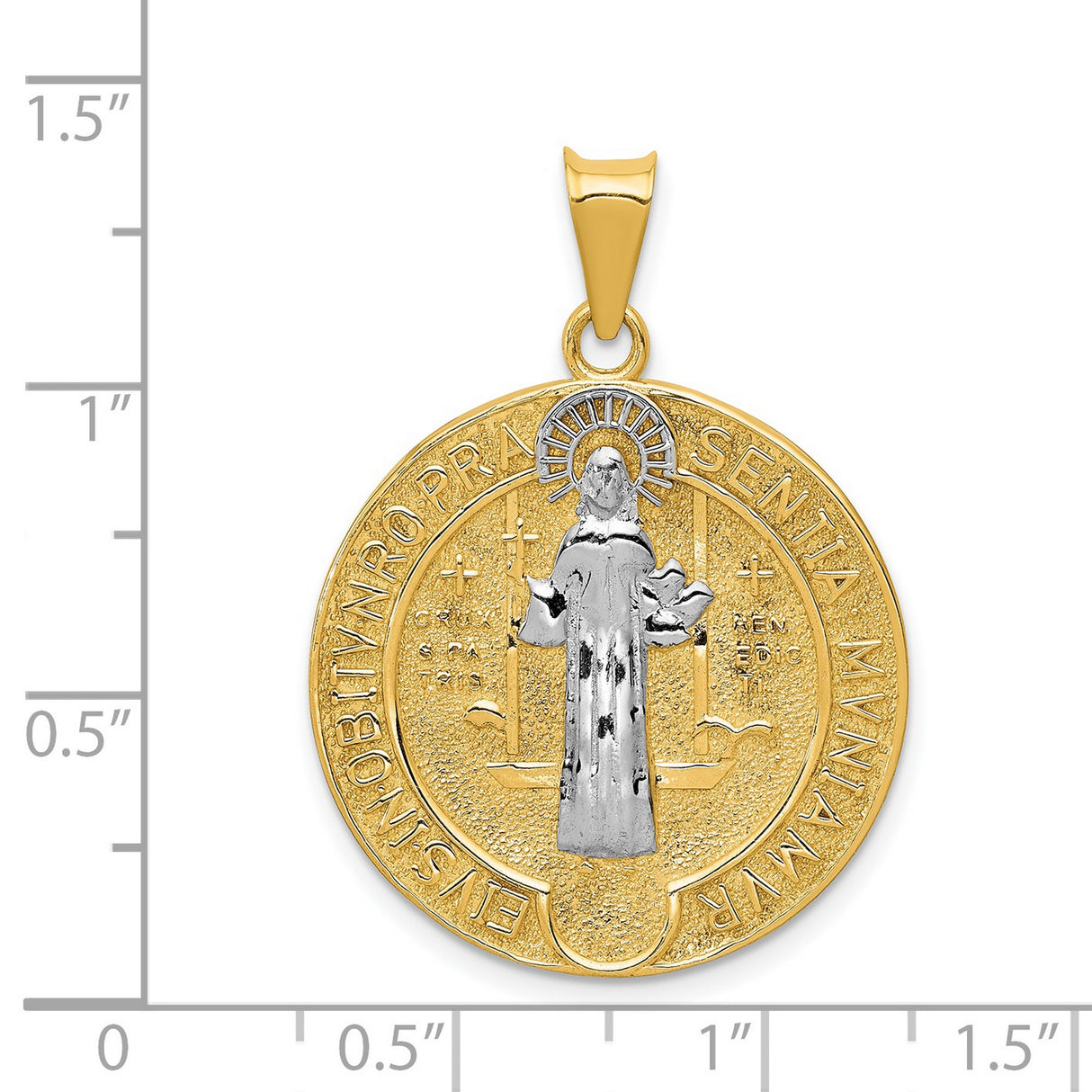 Saint Benedict and Words Round Medal Charm Pendant in Real 14k Multi-Tone Gold