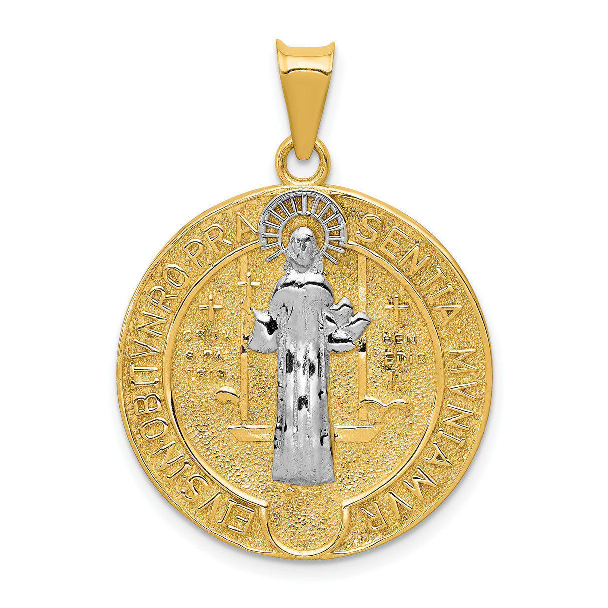 Saint Benedict and Words Round Medal Charm Pendant in Real 14k Multi-Tone Gold