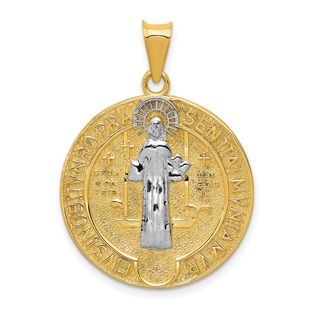 Saint Benedict and Words Round Medal Charm Pendant in Real 14k Multi-Tone Gold