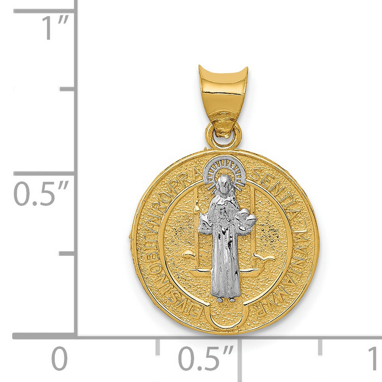 Saint Benedict and Words Round Medal Charm Pendant in Real 14k Multi-Tone Gold