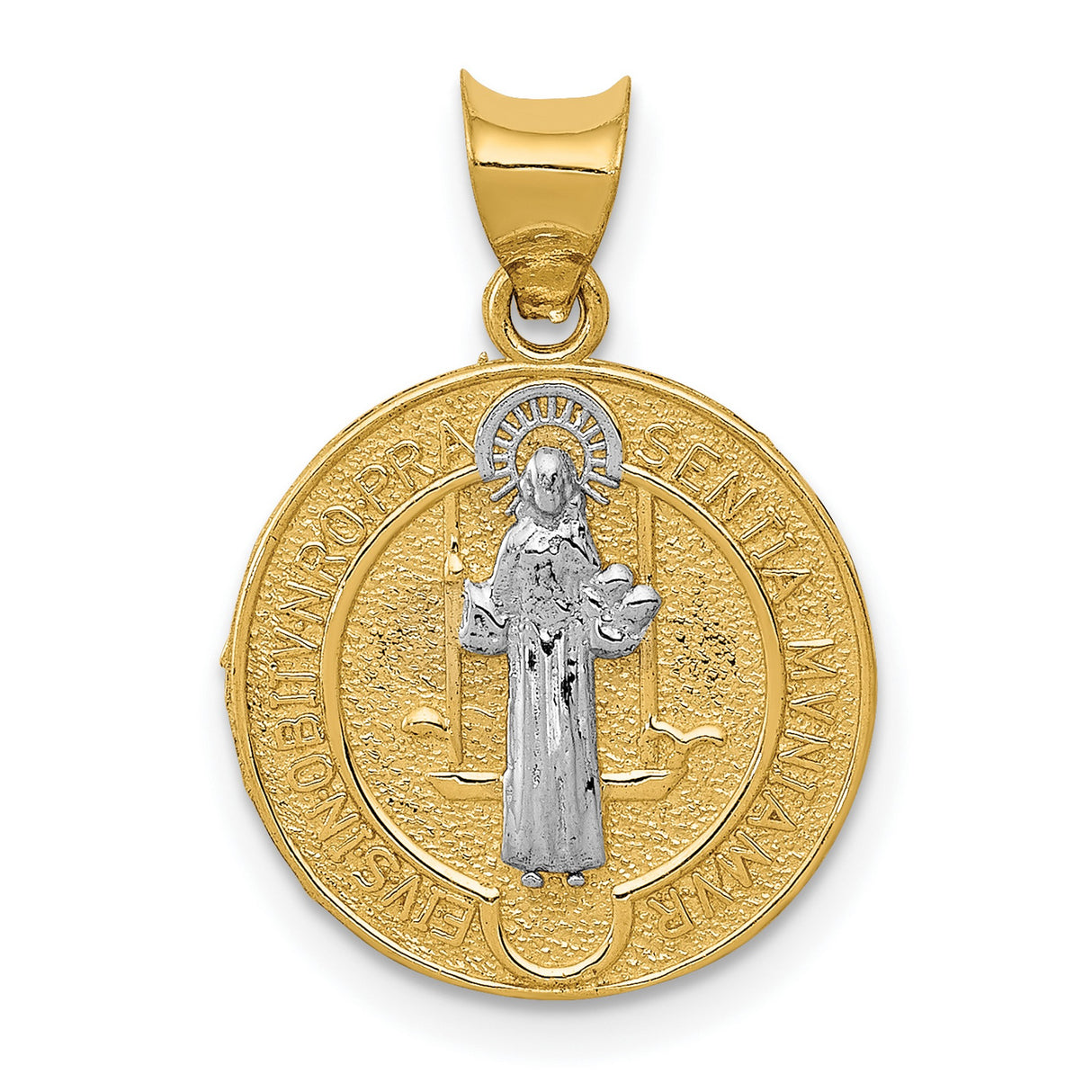 Saint Benedict and Words Round Medal Charm Pendant in Real 14k Multi-Tone Gold