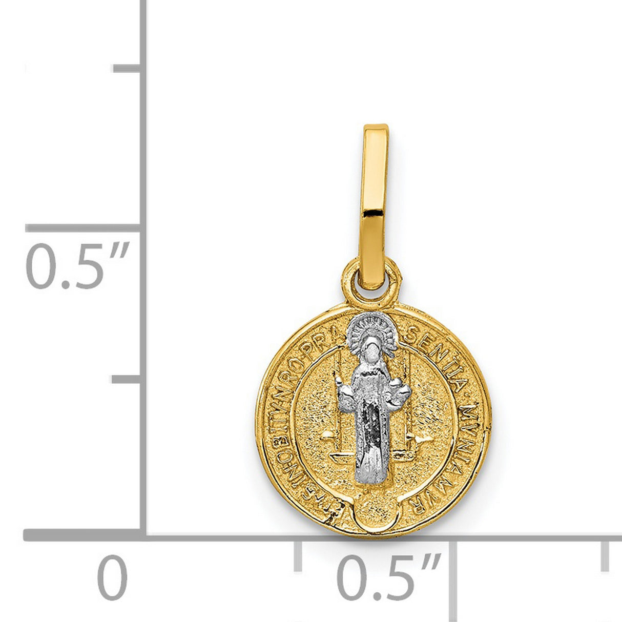 Saint Benedict and Words Miniature Medal Charm Pendant in Real 14k Multi-Tone Gold