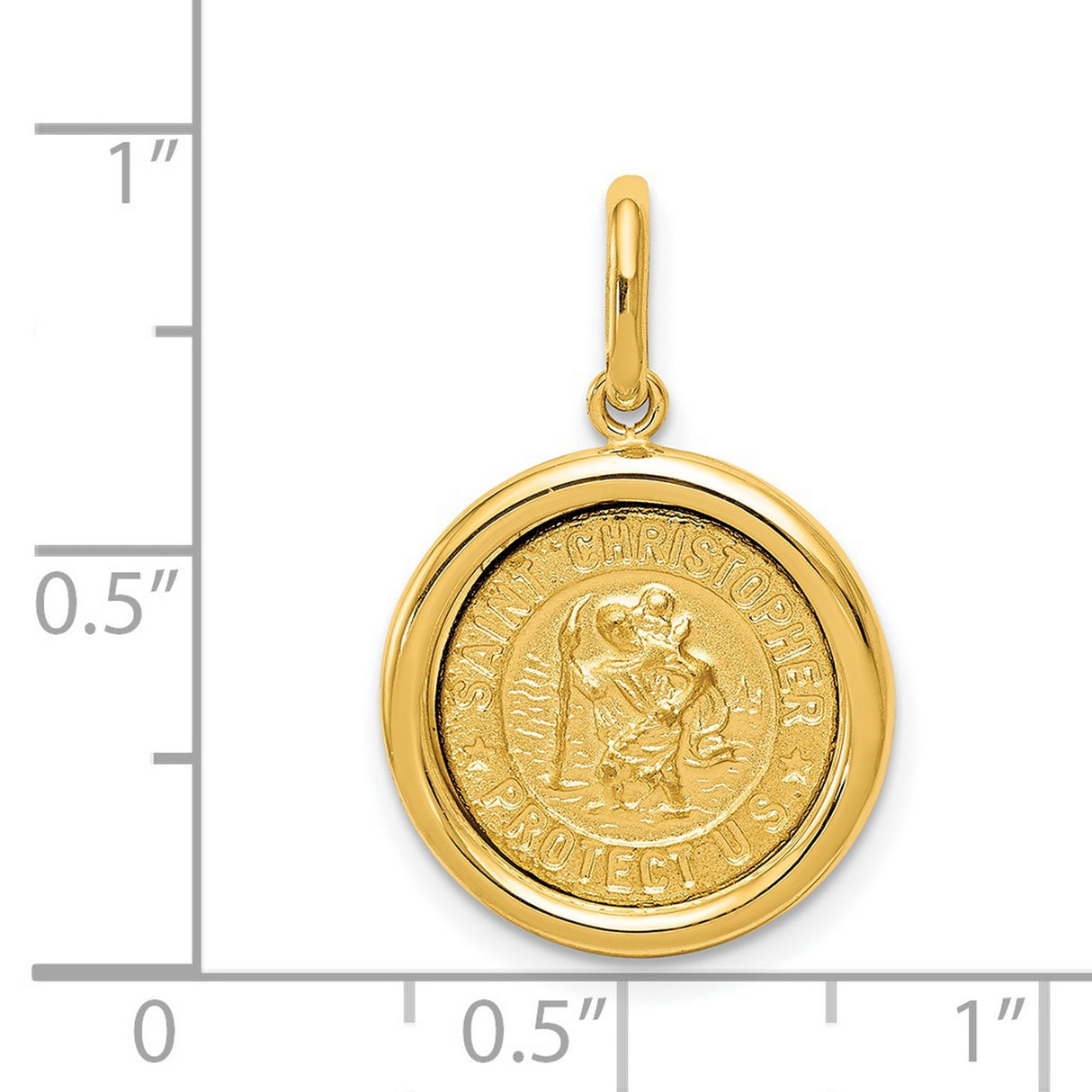 Satin Saint Christopher Protect Us Words Round Medal Charm Pendant in Real 14k Yellow Gold