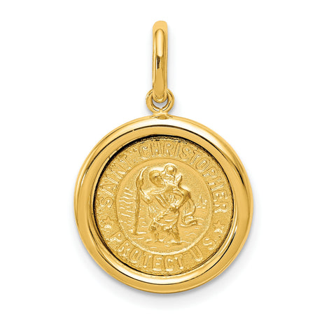 Satin Saint Christopher Protect Us Words Round Medal Charm Pendant in Real 14k Yellow Gold