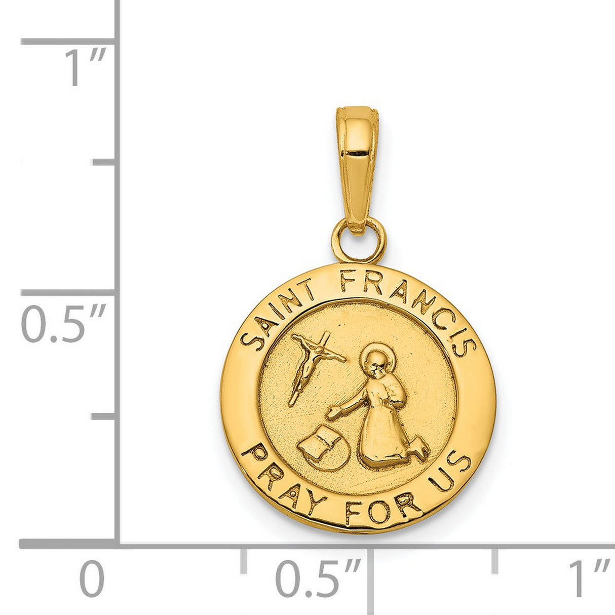 Solid Satin Finish Saint Francis Receiving Stigmata Pray For Us Words Round Medal Charm Pendant in Real 14k Yellow Gold