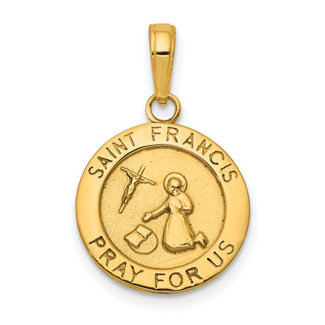 Solid Satin Finish Saint Francis Receiving Stigmata Pray For Us Words Round Medal Charm Pendant in Real 14k Yellow Gold