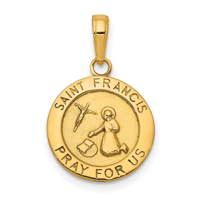 Solid Satin Finish Saint Francis Receiving Stigmata Pray For Us Words Round Medal Charm Pendant in Real 14k Yellow Gold