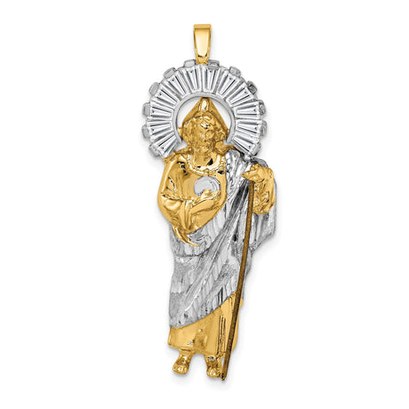 14k Multi-Tone Gold Saint Jude Pendant with Cubic Zirconia Halo and Staff Detail