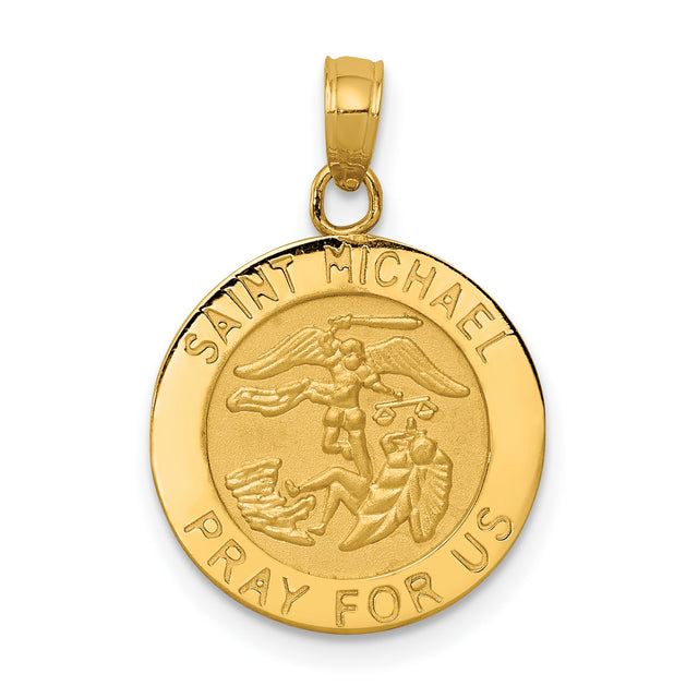 Saint Michael Pray For Us Words Round Medal Charm Pendant in Real 14k Yellow Gold