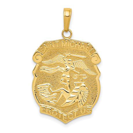 Solid Saint Michael Protect Us Words Police Officer Badge Charm Pendant in Real 14k Yellow Gold