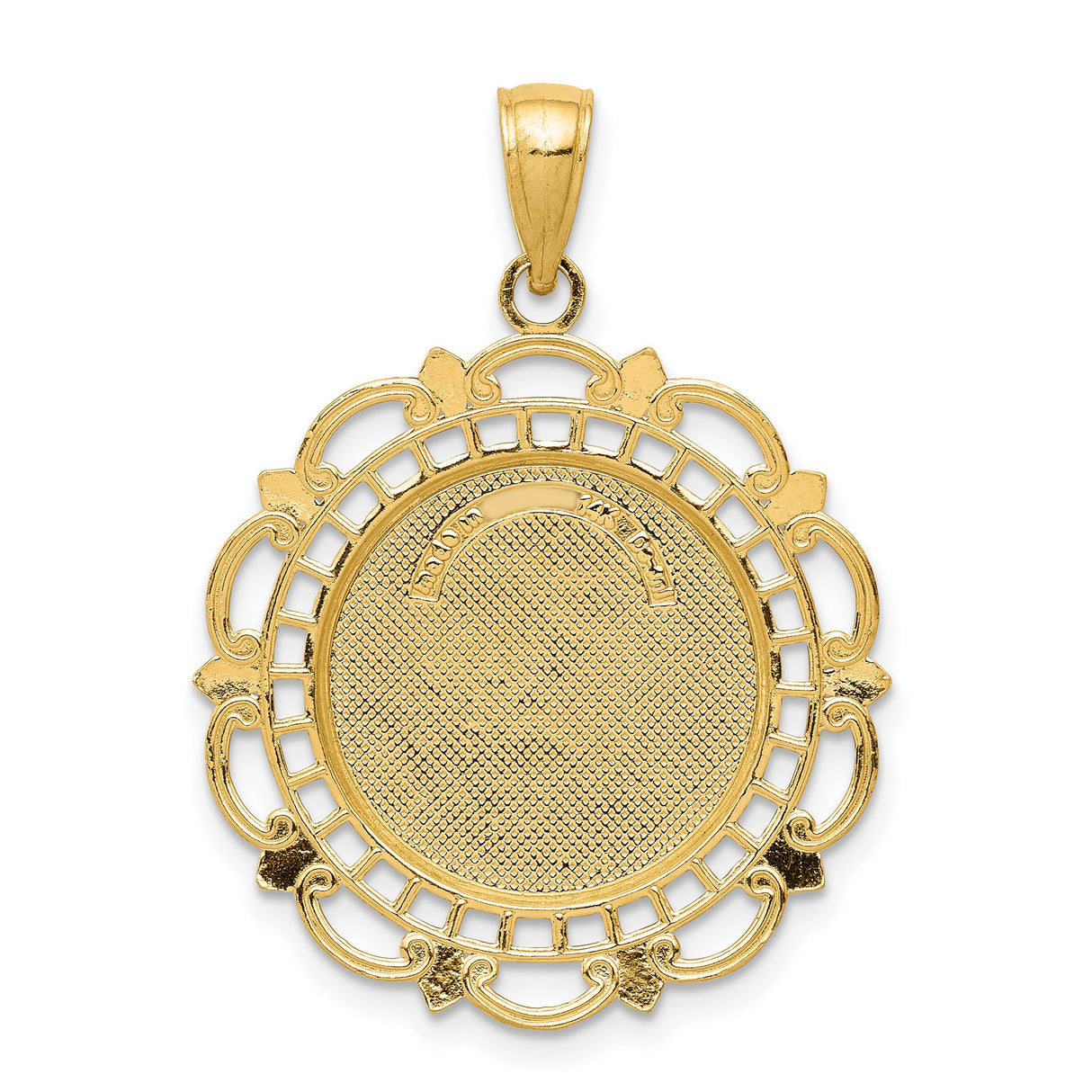 Saint Michael Pray For Us Words Round Medal With Decorative Border Charm Pendant in Real 14k Yellow Gold