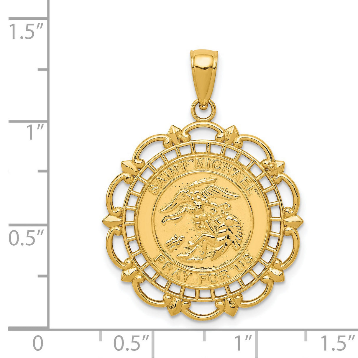 Saint Michael Pray For Us Words Round Medal With Decorative Border Charm Pendant in Real 14k Yellow Gold