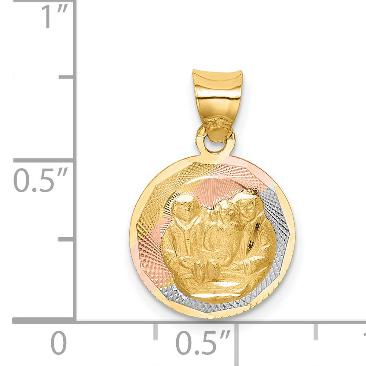 Jesus Mary Joseph Three Holy Family Baptism Round Medal Charm Pendant in Real 14k Multi-Tone Gold