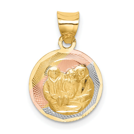 Jesus Mary Joseph Three Holy Family Baptism Round Medal Charm Pendant in Real 14k Multi-Tone Gold