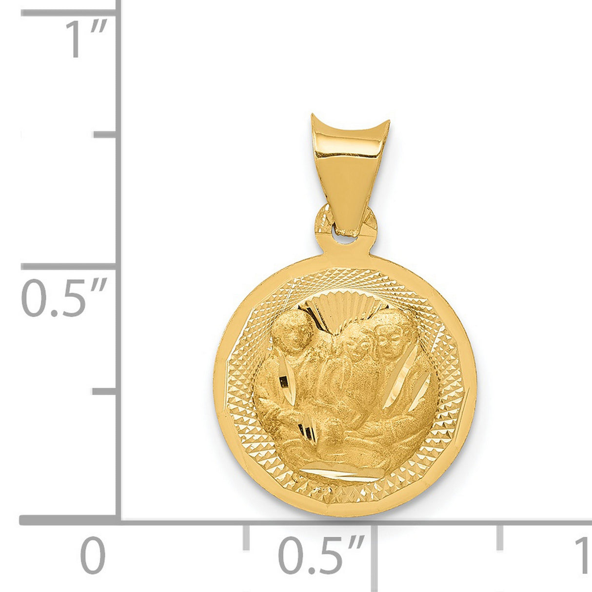 Jesus Mary Joseph Three Holy Family Baptism Round Medal Charm Pendant in Real 14k Yellow Gold