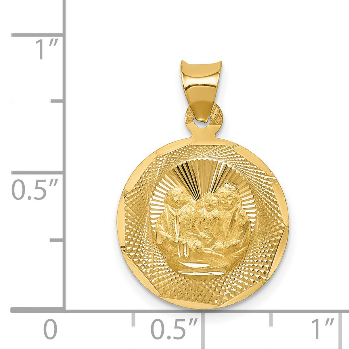 Jesus Mary Joseph Three Holy Family Baptism Round Medal Charm Pendant in Real 14k Yellow Gold