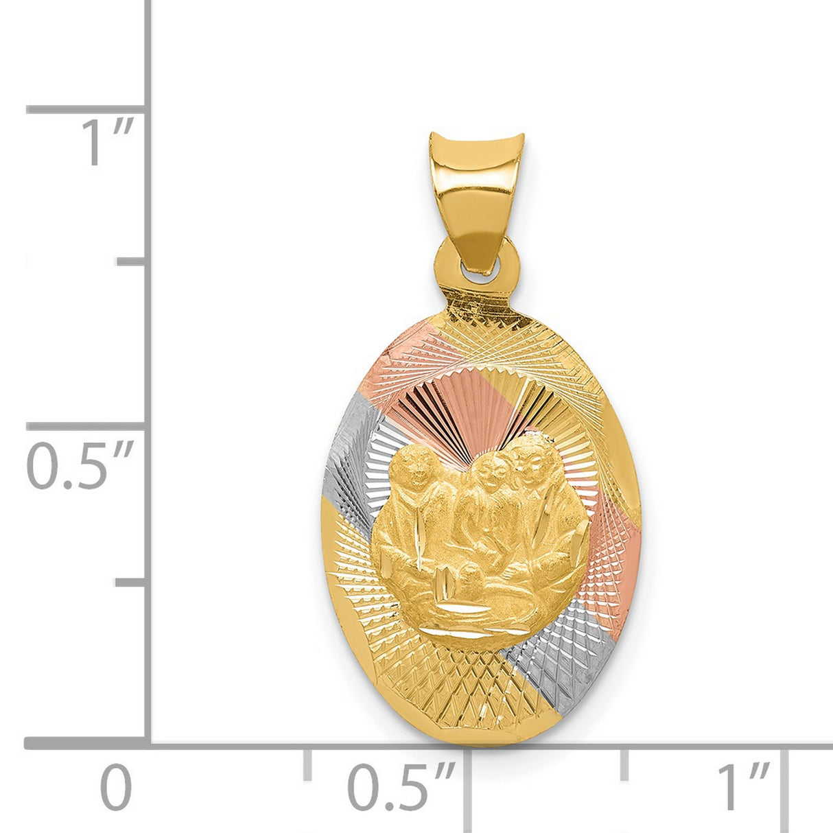 Jesus Mary Joseph Holy Family Baptism Oval Medal Charm Pendant in Real 14k Multi-Tone Gold