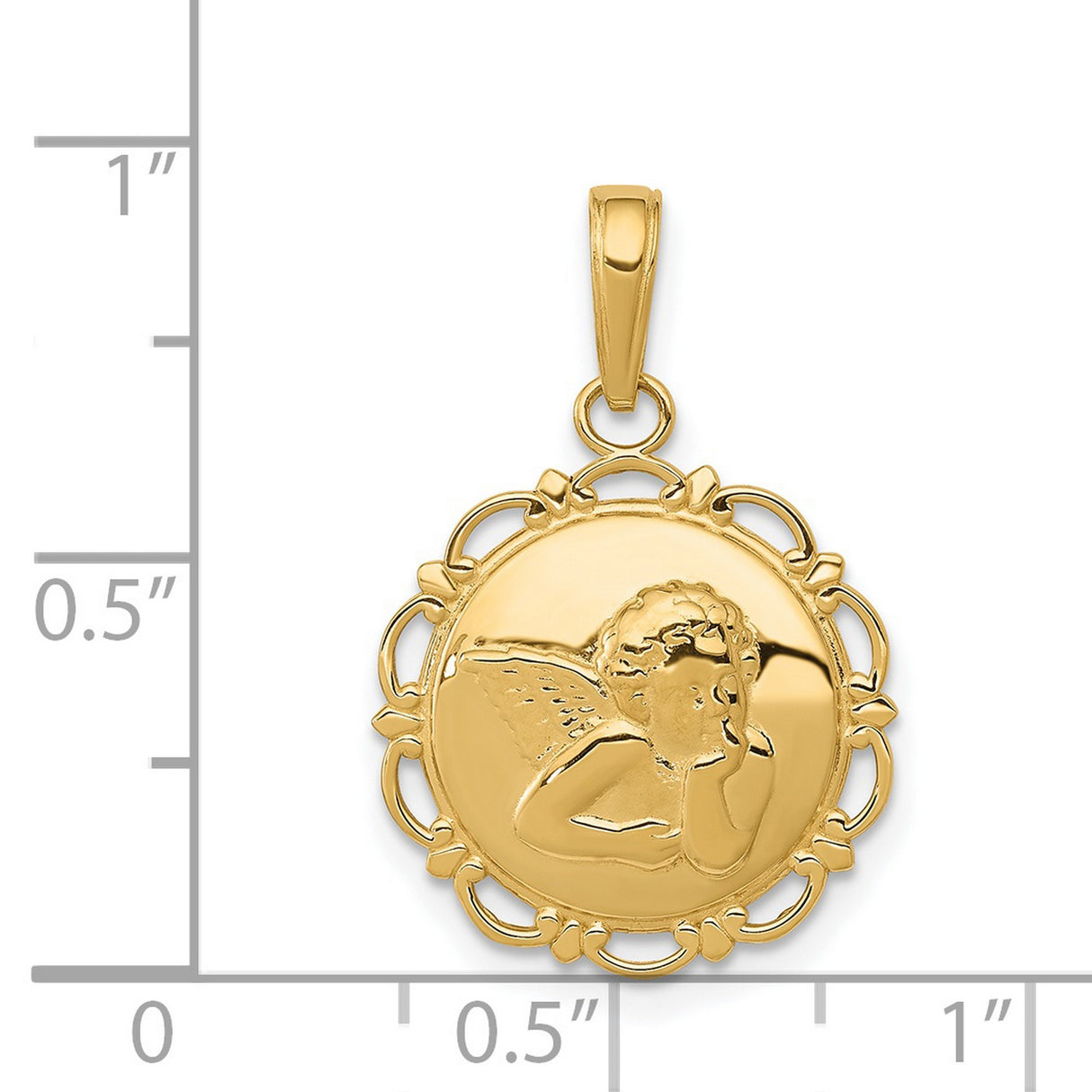 Cherub Angel With Hand Chin Round Open-Back Charm Pendant in Real 14k Yellow Gold