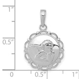 14k White Gold Angel Pendant with Scalloped Edge and Winged Cherub Design