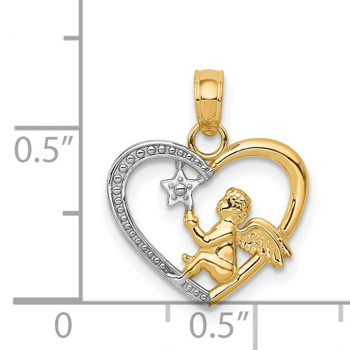 Angel Sitting In Heart With Star Charm Pendant in Real 14k Multi-Tone Gold