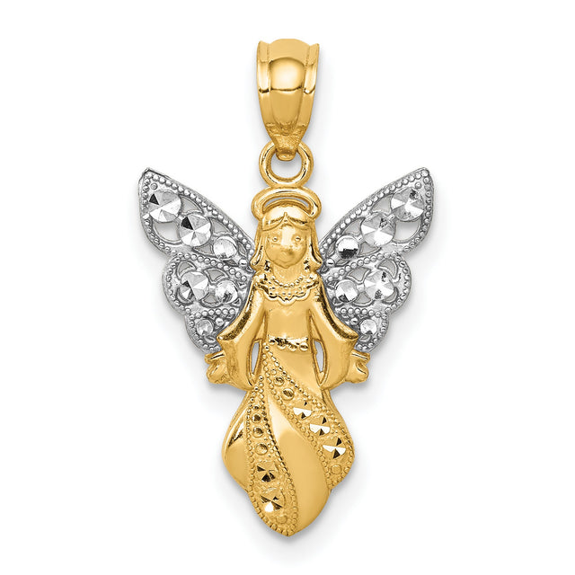 Angel With Spread Rhodium Wings Charm Pendant in Real 14k Multi-Tone Gold