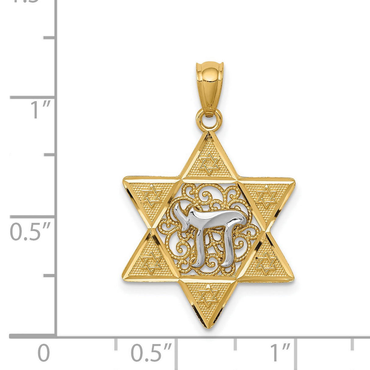 Yellow Polished Star Of David With White Chai Long Life Symbol Charm Pendant in Real 14k Multi-Tone Gold