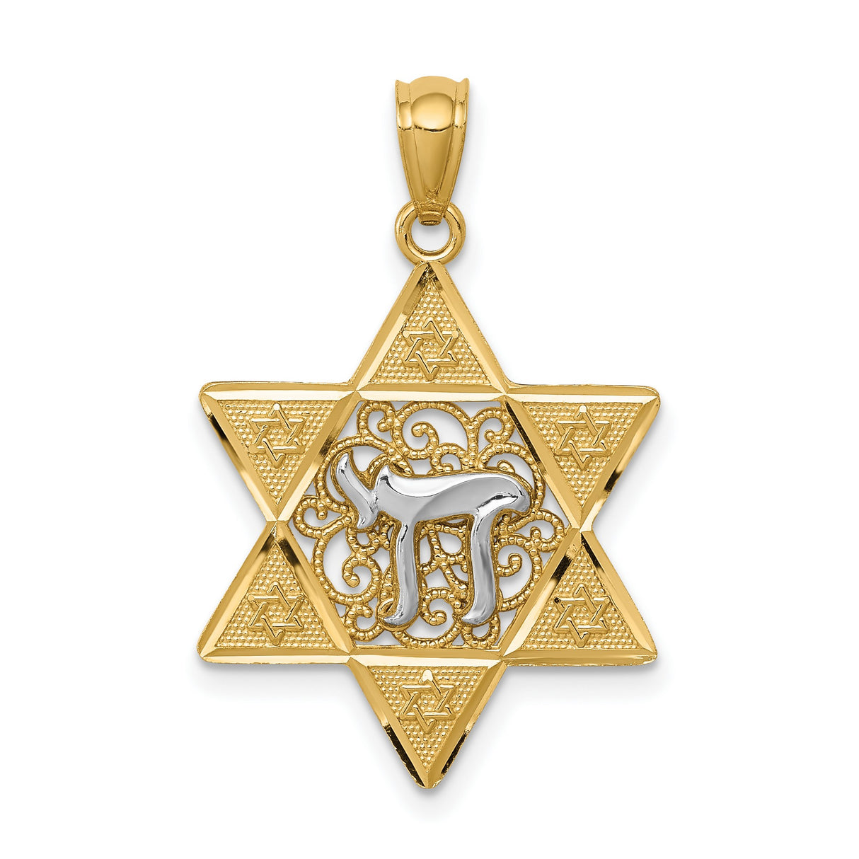 Yellow Polished Star Of David With White Chai Long Life Symbol Charm Pendant in Real 14k Multi-Tone Gold