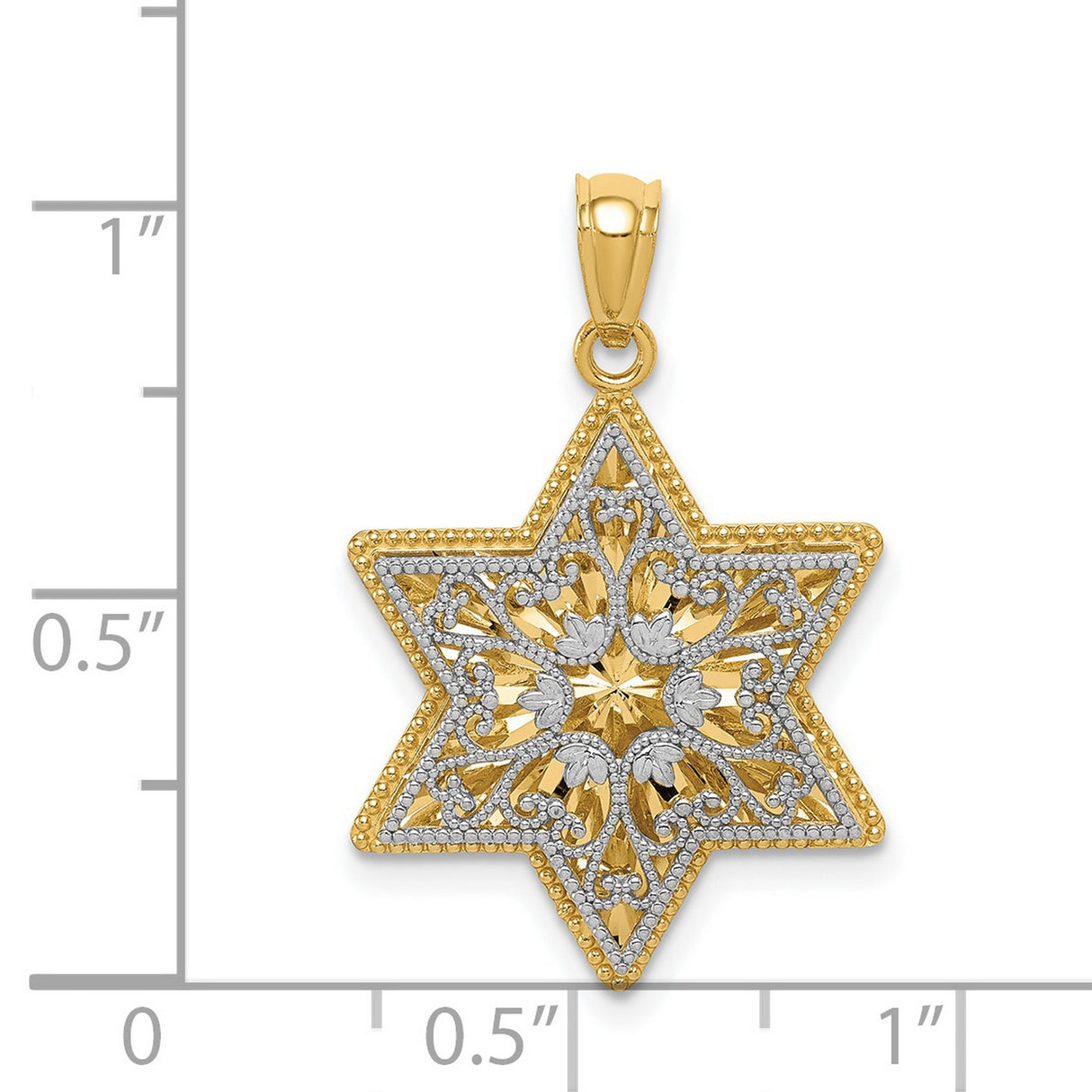Polished Reversible Filigree Star With Floral Design Charm Pendant in Real 14k Multi-Tone Gold