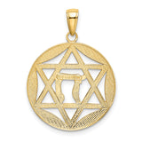 Star Of David And Rhodium Chai Symbols Inside Round Charm Pendant in Real 14k Multi-Tone Gold