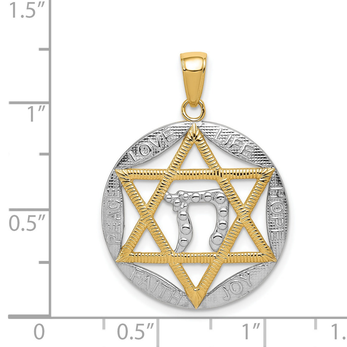 Star Of David And Rhodium Chai Symbols Inside Round Charm Pendant in Real 14k Multi-Tone Gold