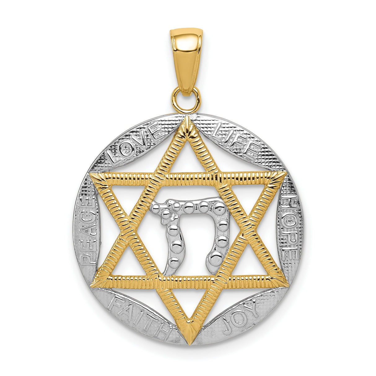 Star Of David And Rhodium Chai Symbols Inside Round Charm Pendant in Real 14k Multi-Tone Gold