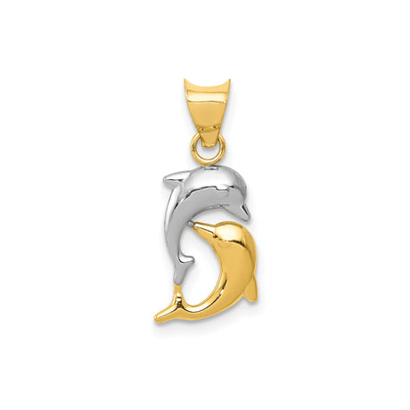 14k Yellow Gold and Rhodium Dolphin Pendant, Two-Tone Intertwined Marine Life Charm