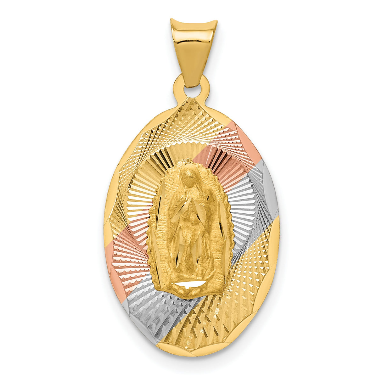 Polished Our Lady of Guadalupe Oval Charm Pendant in Real 14k Multi-Tone Gold
