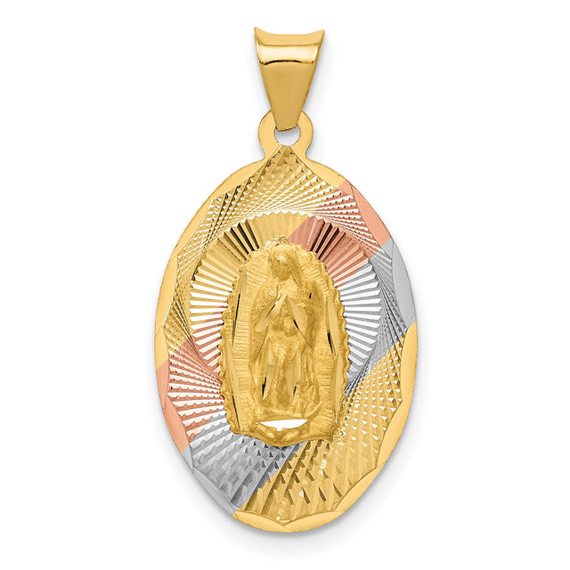 Polished Our Lady of Guadalupe Oval Charm Pendant in Real 14k Multi-Tone Gold