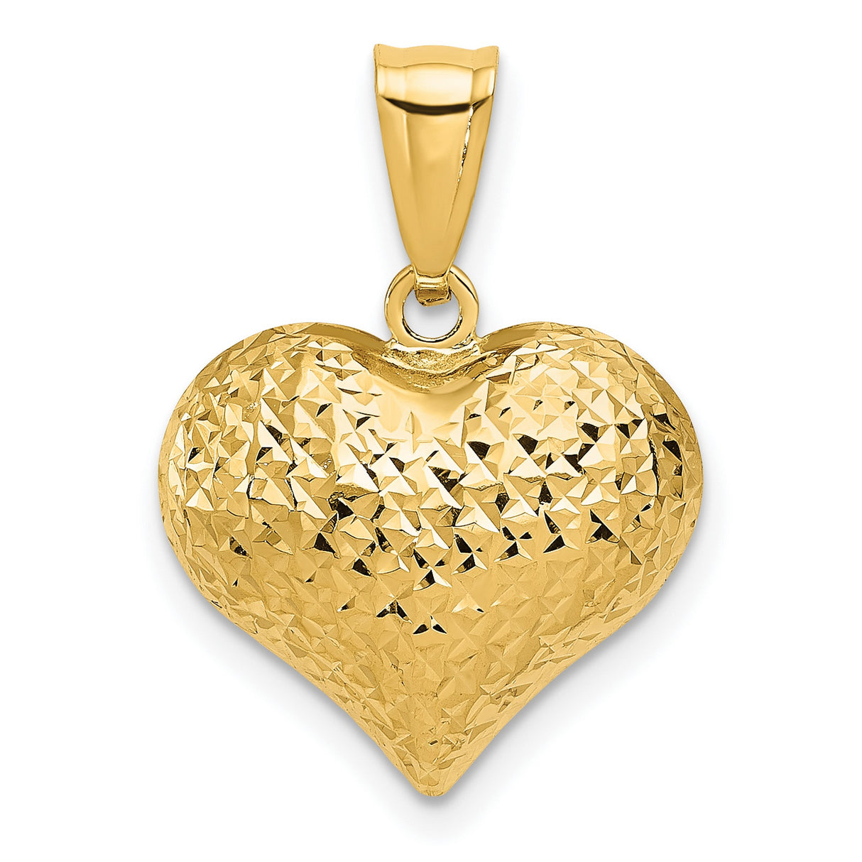 14k Yellow Gold Heart Pendant with Diamond-Cut Finish, Textured Puffed Charm for Women