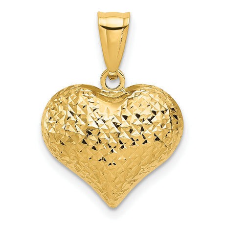 14k Yellow Gold Heart Pendant with Diamond-Cut Finish, Textured Puffed Charm for Women