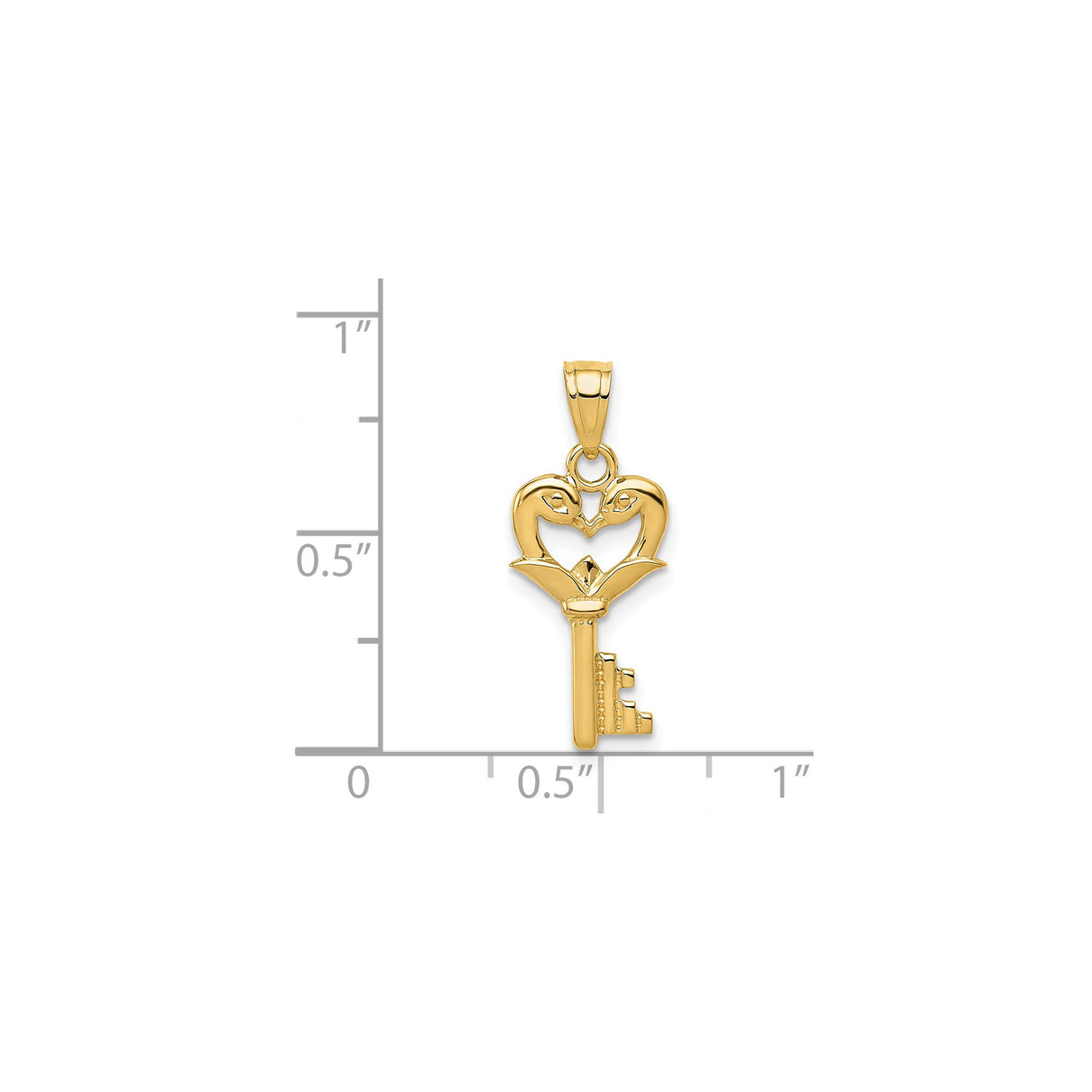 14k Yellow Gold Pendant, Swans Forming Heart Shape on Classic Key Design