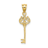 14k Yellow Gold Key Pendant with Ornate Scrollwork and Subtle Cross Accent, Christian Charm