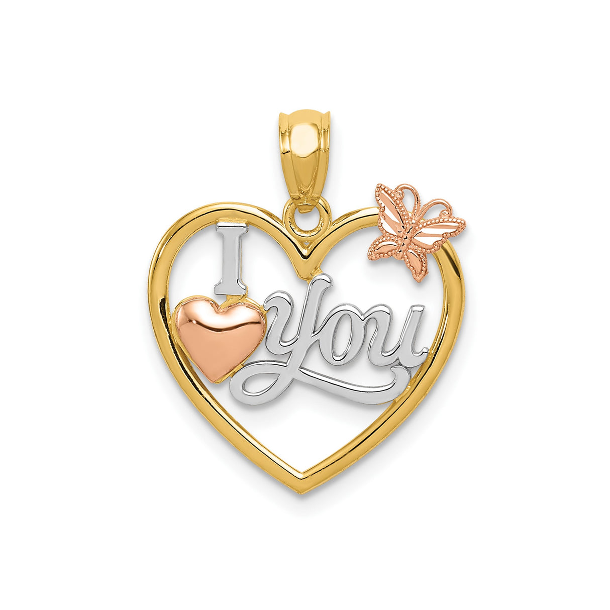 14k Two-Tone Gold Heart Pendant with I Love You Script and Rose Gold Butterfly Accents