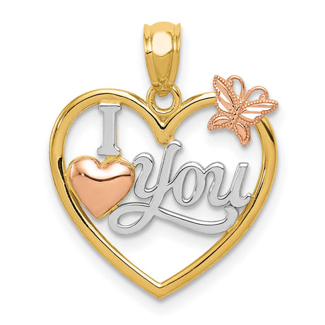 I Love You Words Inside Heart With Butterfly Charm Pendant in Real 14k Multi-Tone Gold